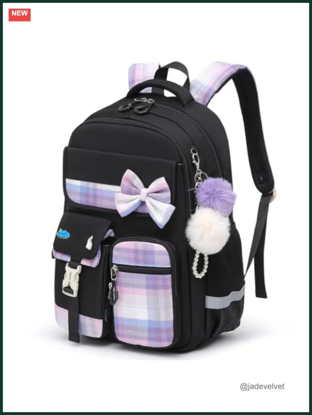 Preppy Plaid Bow Backpack with Pom Charms Lightweight School Bag